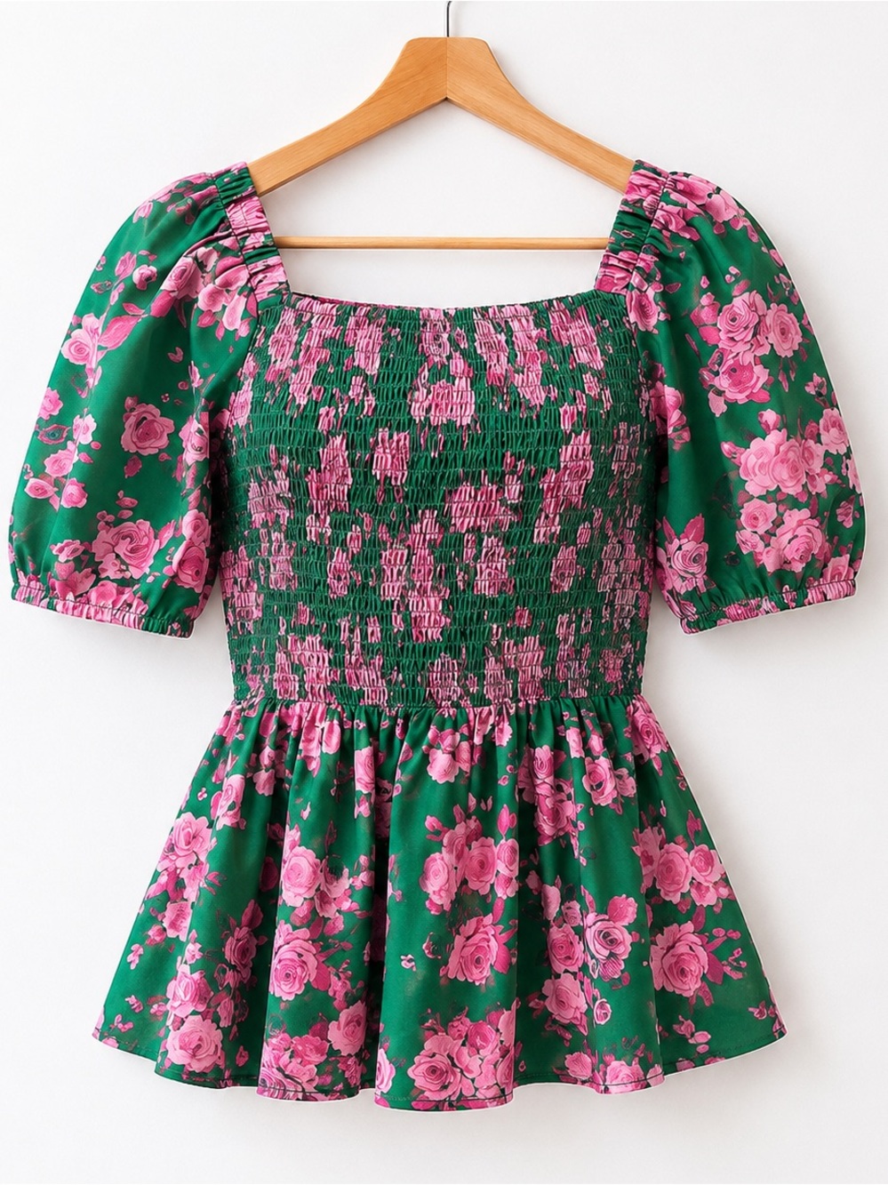 Hudson Gray Floral Smocked Peplum Top Puff Sleeve Green Pink Blouse Size S